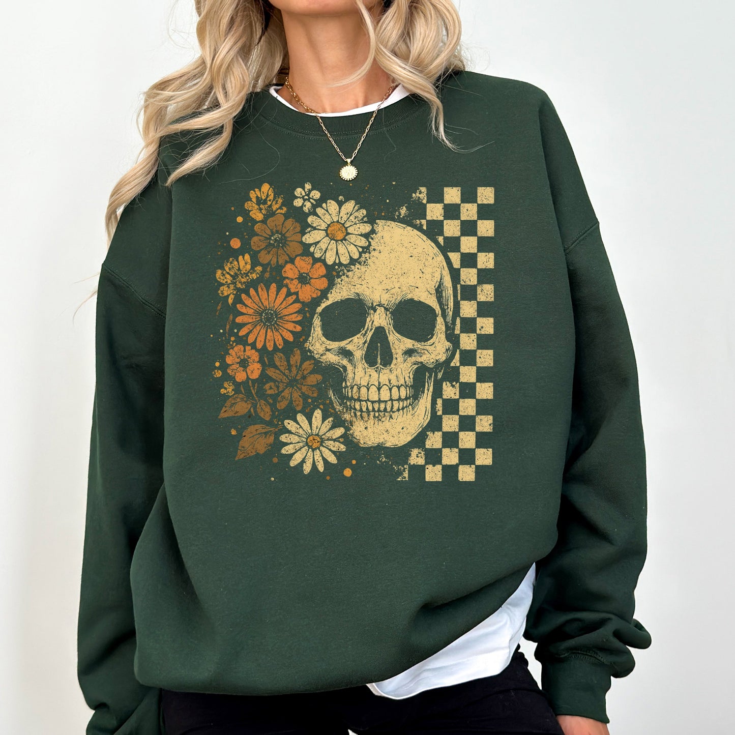 Vintage Skull Floral Checkered Ghost Halloween Graphic Sweatshirt
