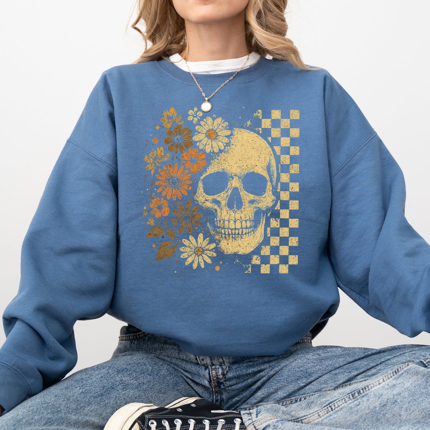 Vintage Skull Floral Checkered Ghost Halloween Graphic Sweatshirt
