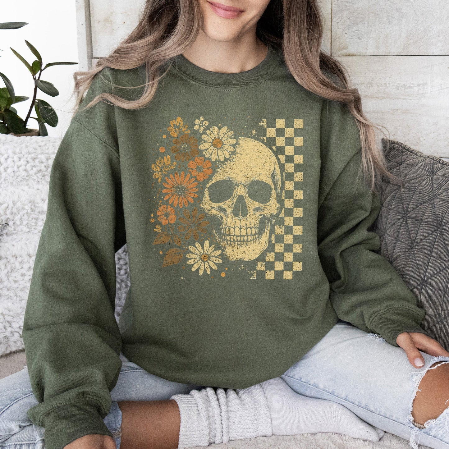 Vintage Skull Floral Checkered Ghost Halloween Graphic Sweatshirt