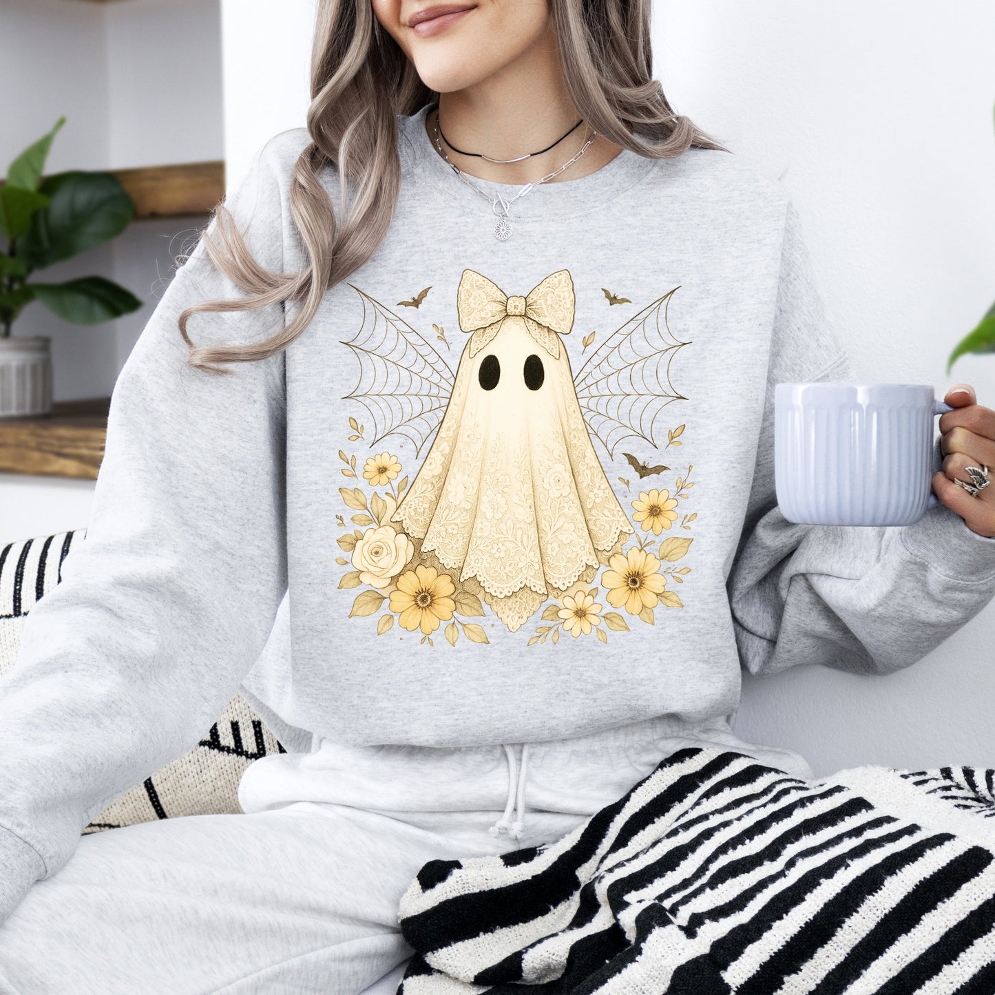Vintage Ghost Lace Spider Web Graphic Sweatshirt Fall Halloween Costume
