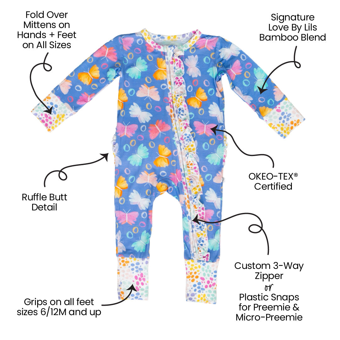 Butterflies Bamboo Ruffle Convertible Footie Baby Sleepwear Korrie