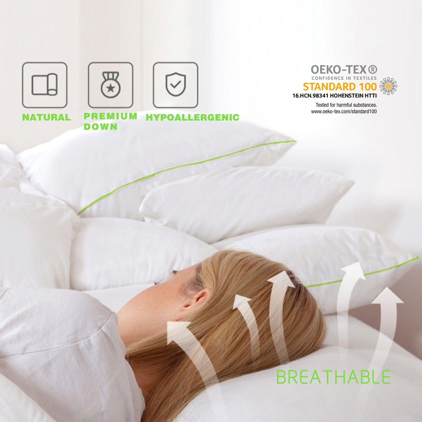Silky Green Piped Edge Goose Down Feather Pillow Set Kasentex