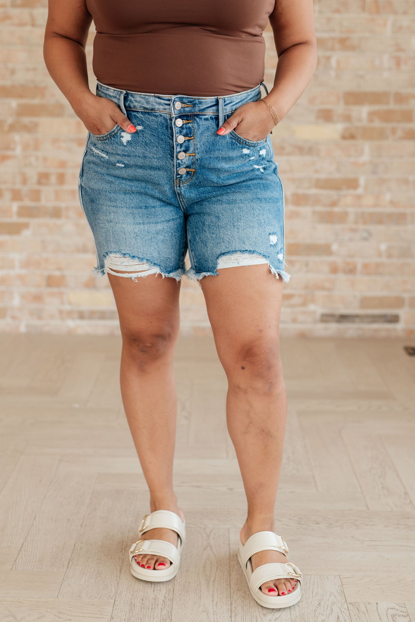 High Rise Rigid Magic Button Fly Cutoff Shorts Kara
