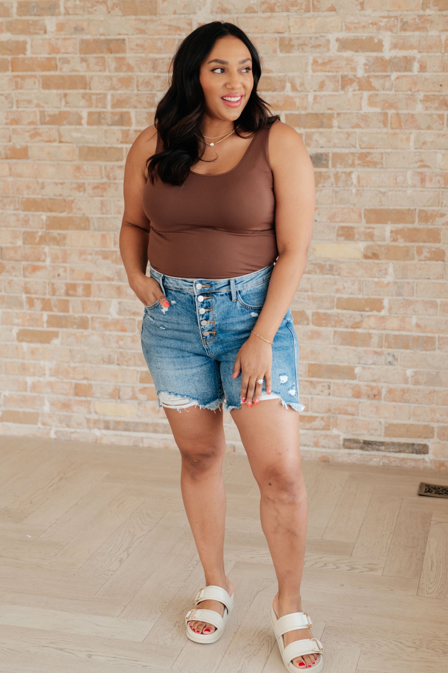 High Rise Rigid Magic Button Fly Cutoff Shorts Kara