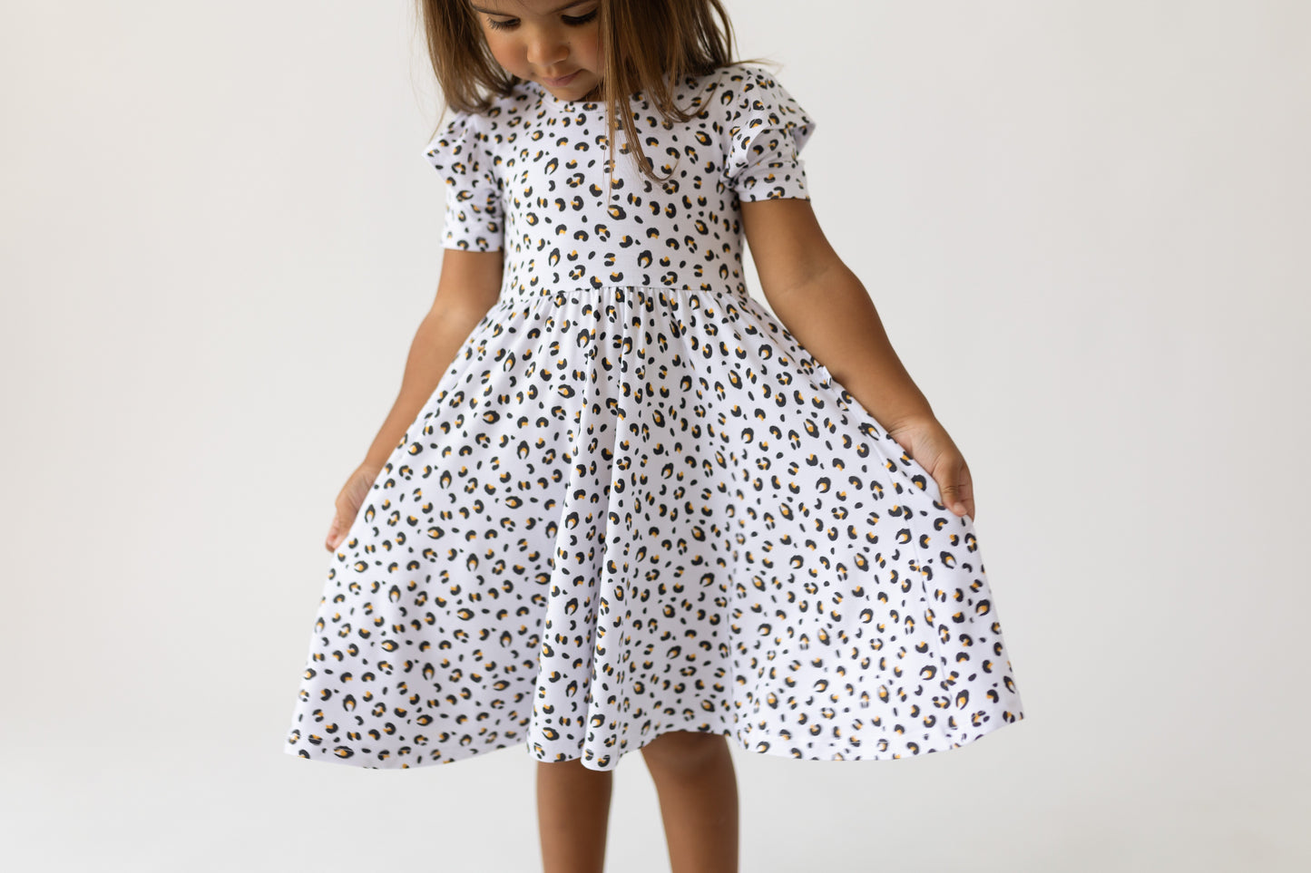 Leopard Bamboo Ruffle Spin Dress Knee-length Short Sleeve Laree + Co.