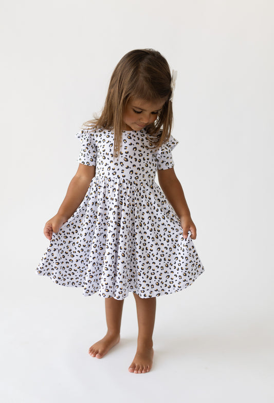Leopard Bamboo Ruffle Spin Dress Knee-length Short Sleeve Laree + Co.