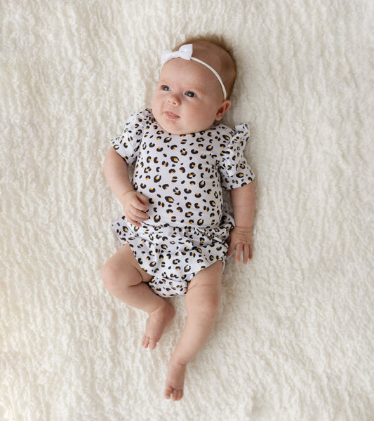 Allie Leopard Skirted Bodysuit Bamboo Ruffled Sleeve