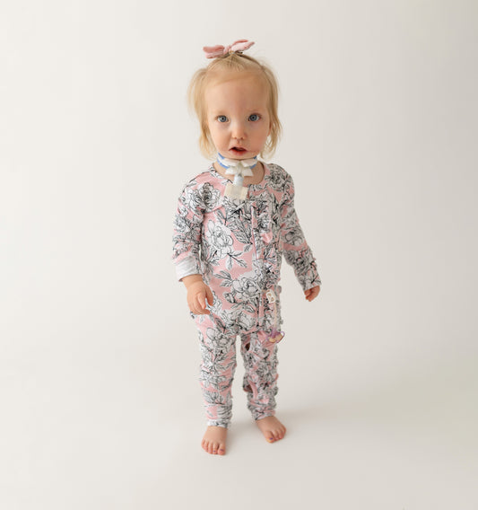 Floral Bamboo Ruffle Convertible Footie Baby One-Piece Laree + Co.