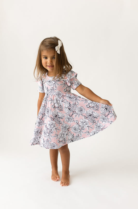Bamboo Ruffle Spin Dress Floral Knee-Length Short Sleeve Allie