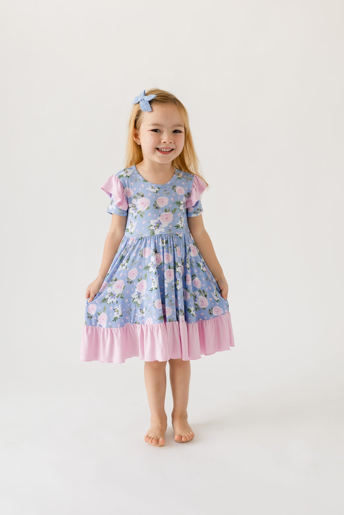 Lillian Floral Bamboo Knee-Length Ruffle Spin Dress