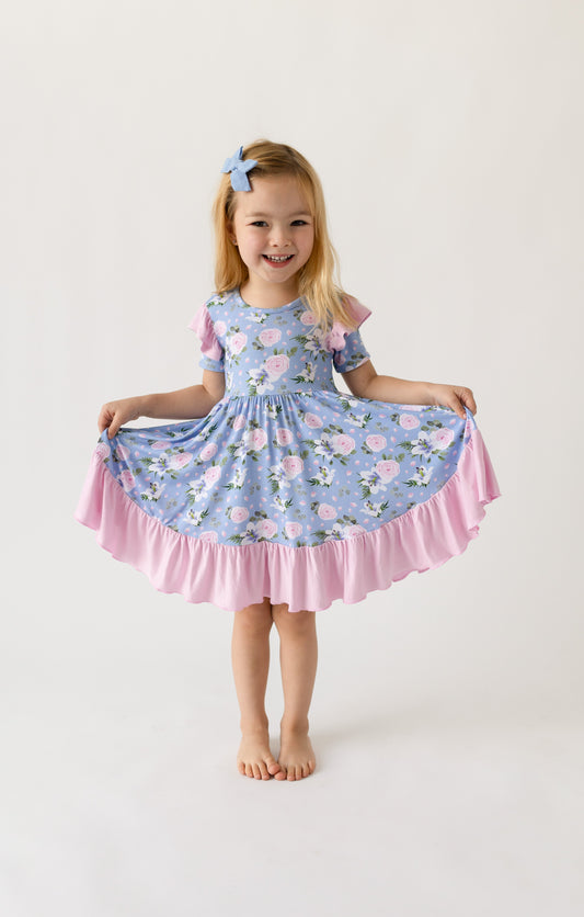 Lillian Floral Bamboo Knee-Length Ruffle Spin Dress