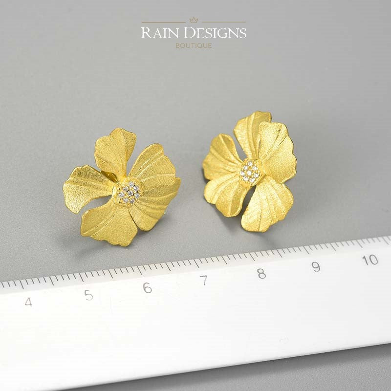 Peony Flower 18K Gold Plated 925 Silver Stud Earrings