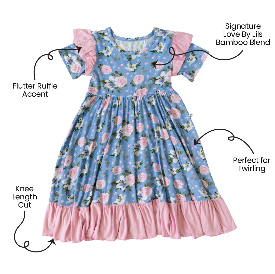 Lillian Floral Bamboo Knee-Length Ruffle Spin Dress