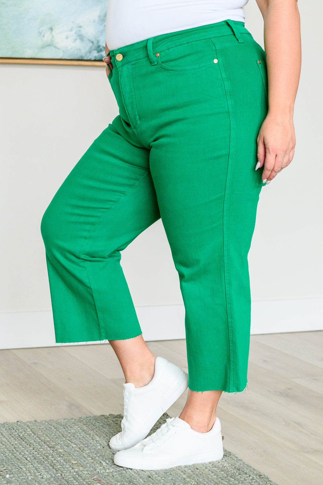 Kelly Green High Rise Control Top Wide Leg Crop Jeans Judy Blue