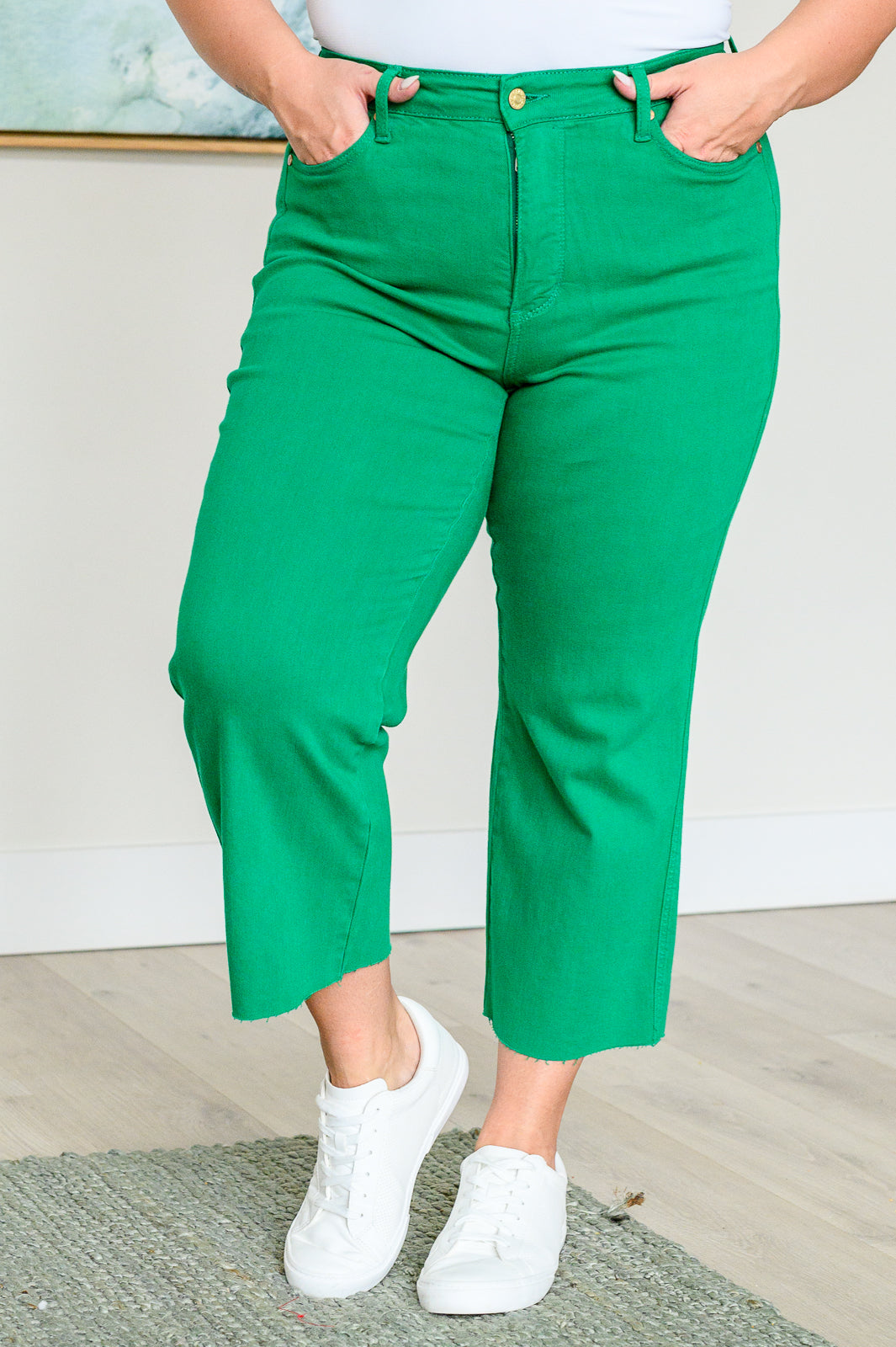 Kelly Green High Rise Control Top Wide Leg Crop Jeans Judy Blue