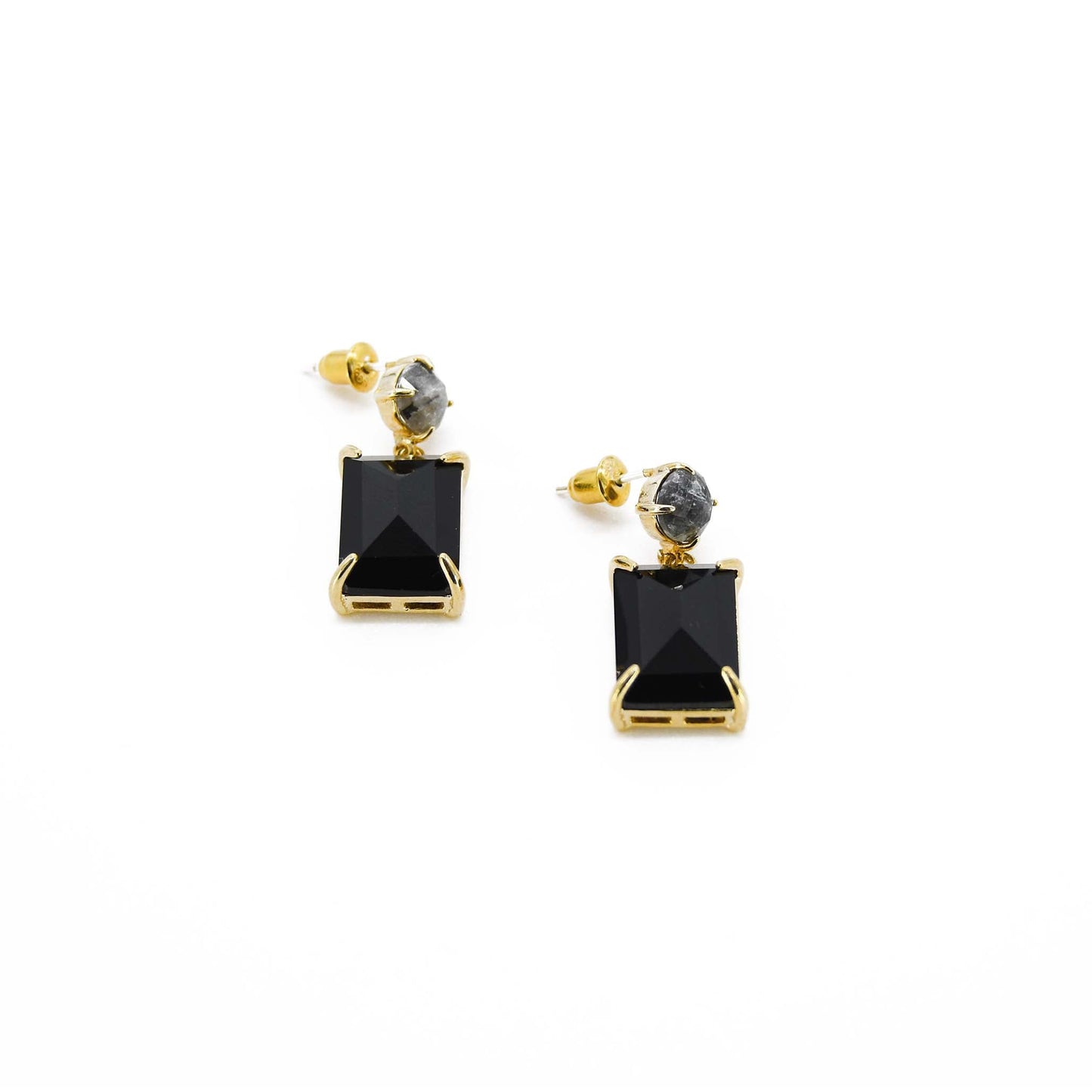 Jet Black Gemstone Labradorite and Agate Earring 14k Gold Plated