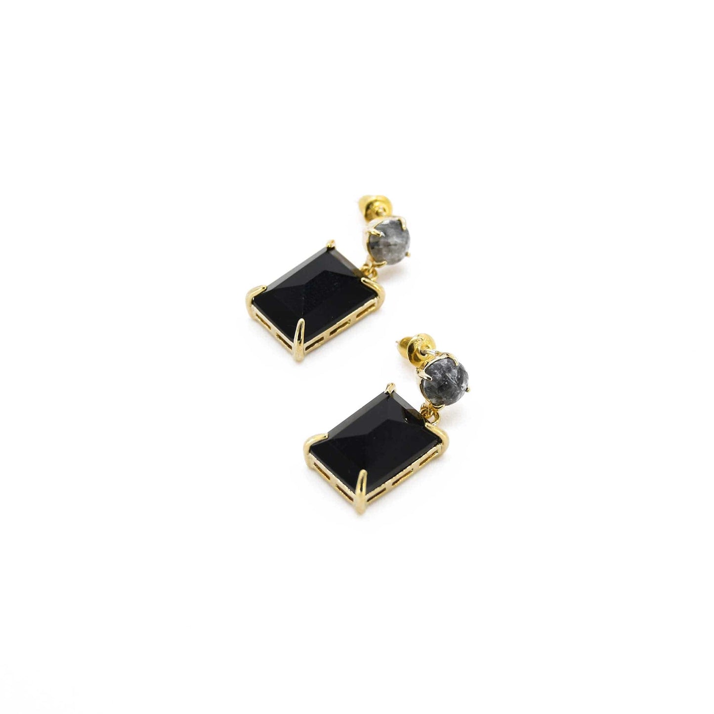 Jet Black Gemstone Labradorite and Agate Earring 14k Gold Plated