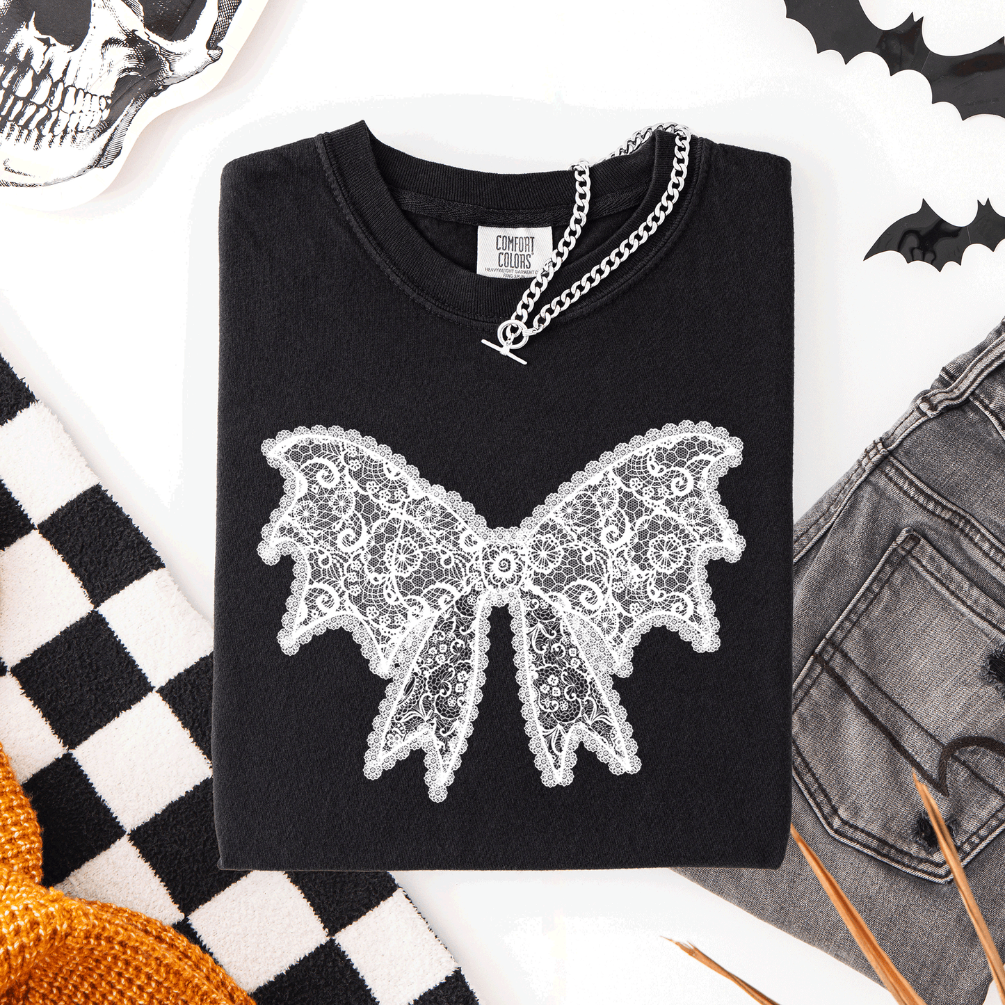 Lace Bow, Halloween, Goth, Faux Lace, Ribbon, Coquette, Comfort Colors T-Shirt