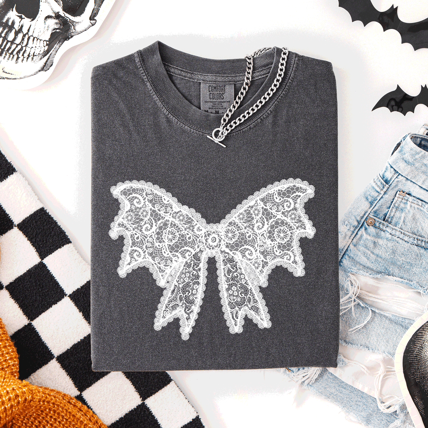 Lace Bow, Halloween, Goth, Faux Lace, Ribbon, Coquette, Comfort Colors T-Shirt