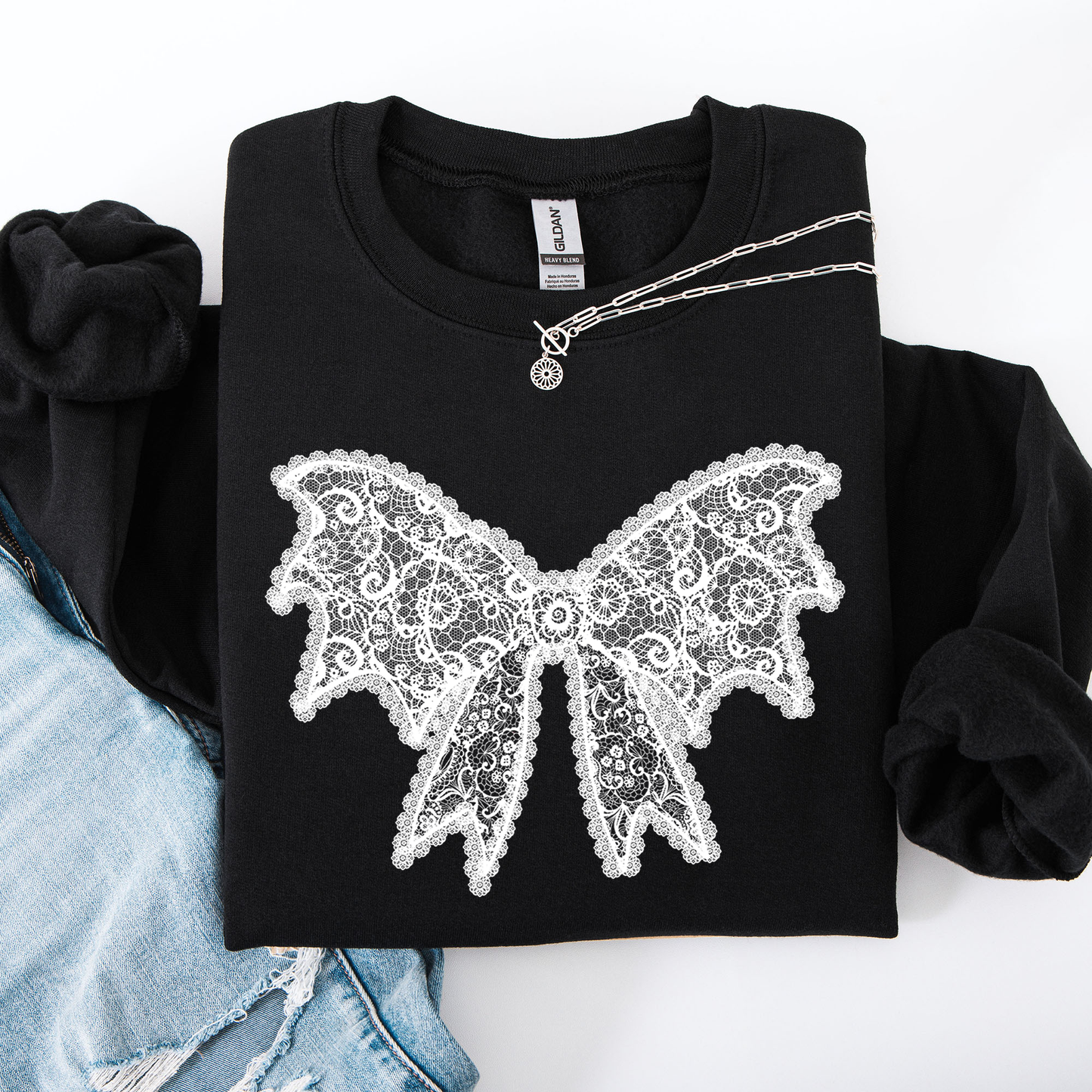 Lace Bow, Halloween, Goth, Faux Lace, Ribbon, Coquette Sweatshirt