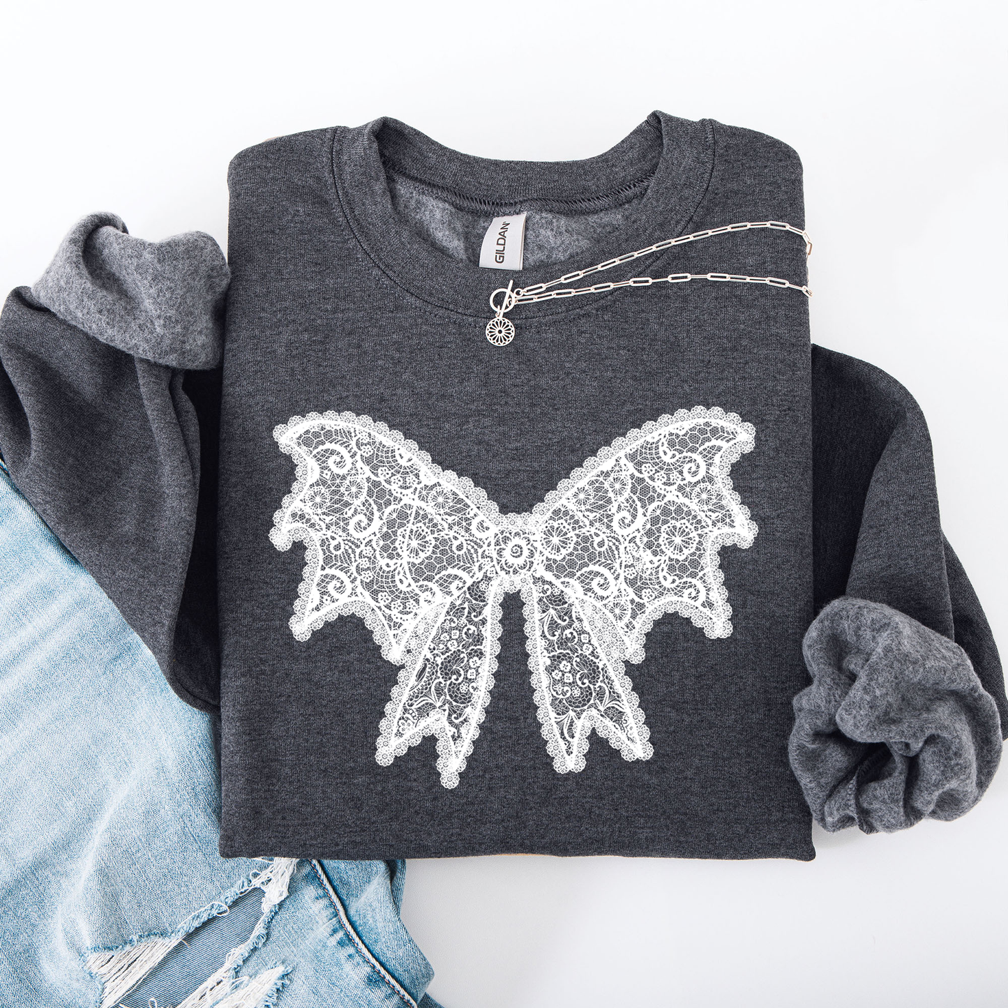 Lace Bow, Halloween, Goth, Faux Lace, Ribbon, Coquette Sweatshirt