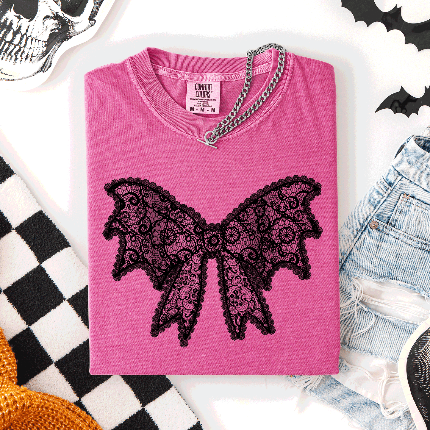 Lace Bow, Halloween, Goth, Faux Lace, Ribbon, Coquette, Comfort Colors T-Shirt