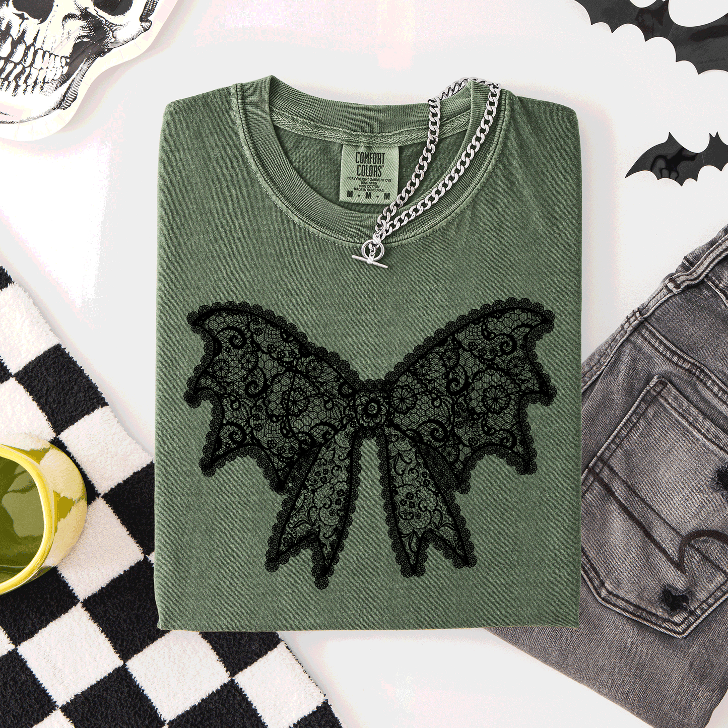 Lace Bow, Halloween, Goth, Faux Lace, Ribbon, Coquette, Comfort Colors T-Shirt