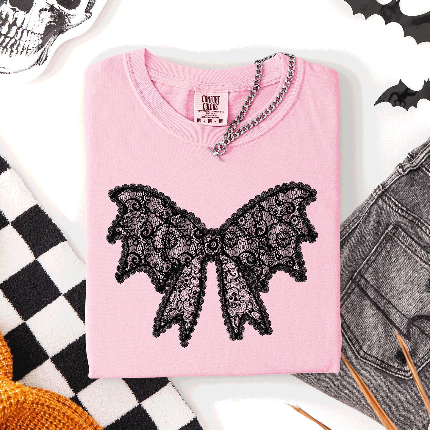 Lace Bow, Halloween, Goth, Faux Lace, Ribbon, Coquette, Comfort Colors T-Shirt