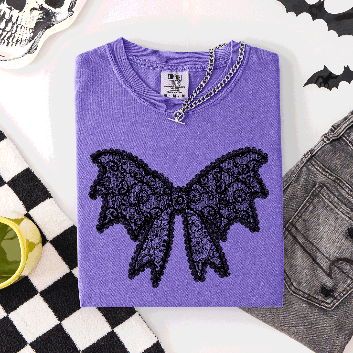 Lace Bow, Halloween, Goth, Faux Lace, Ribbon, Coquette, Comfort Colors T-Shirt