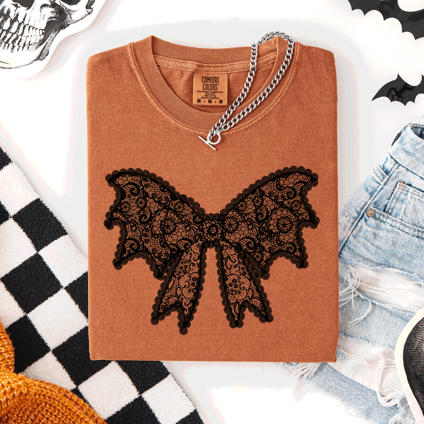 Lace Bow, Halloween, Goth, Faux Lace, Ribbon, Coquette, Comfort Colors T-Shirt