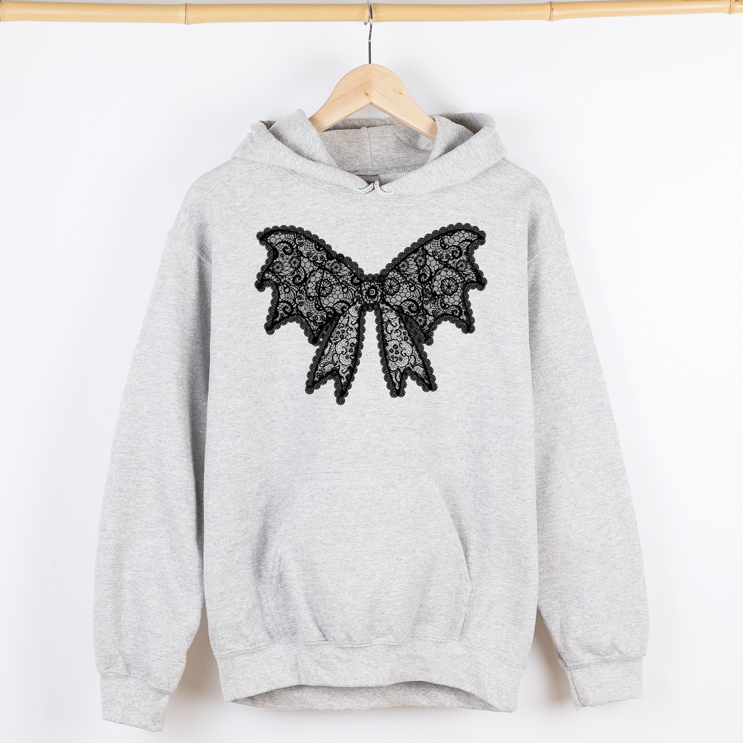 Lace Bow, Halloween, Goth, Faux Lace, Ribbon, Coquette, Graphic Hoodie, Hooded Sweatshirt