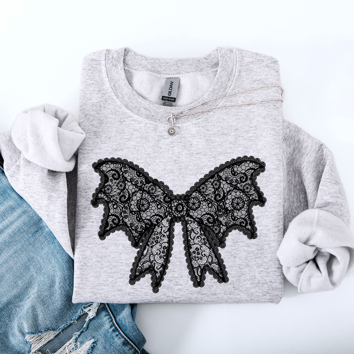 Lace Bow, Halloween, Goth, Faux Lace, Ribbon, Coquette Sweatshirt