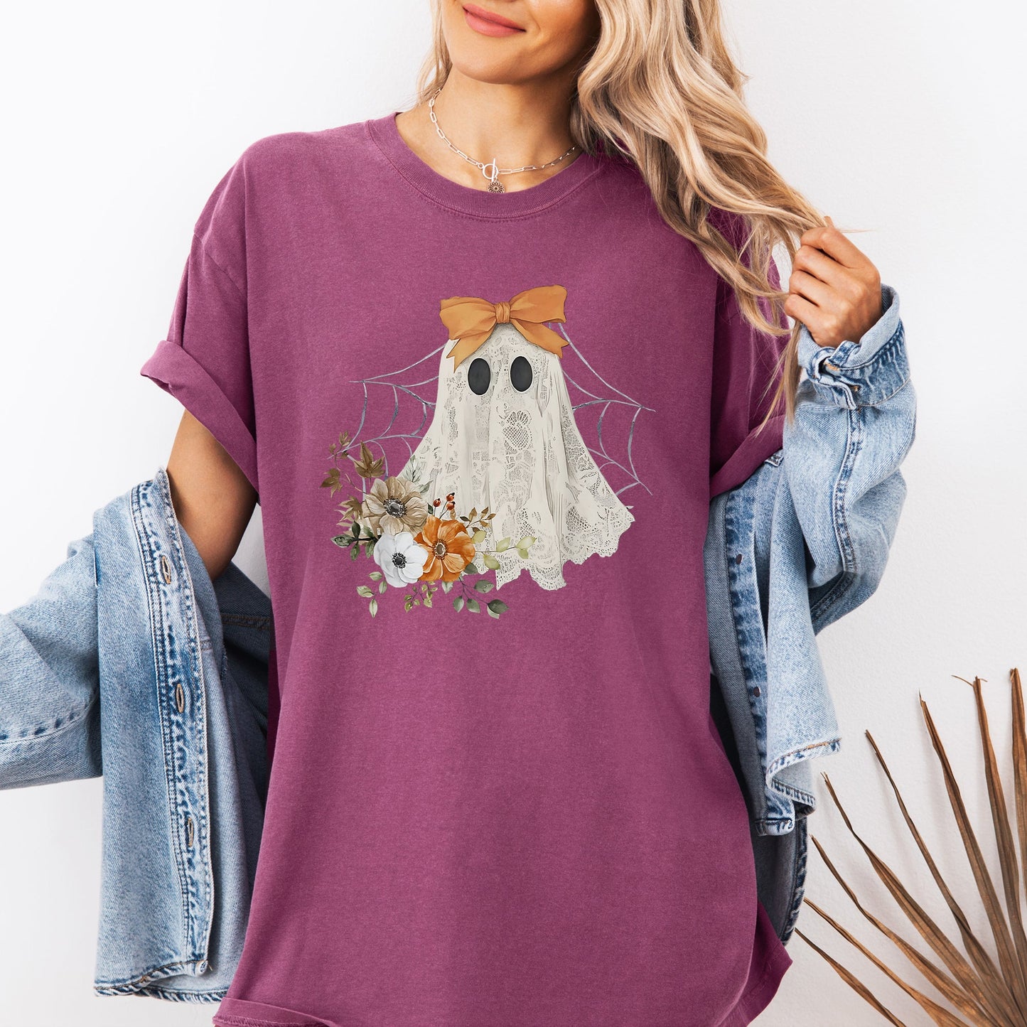Lace Ghost, Halloween, Girly, Spooky Coquette, Lacey Ghost, Orange Bow, Ribbon, Flowers, Spider Web Tshirt Comfort Colors T-Shirt
