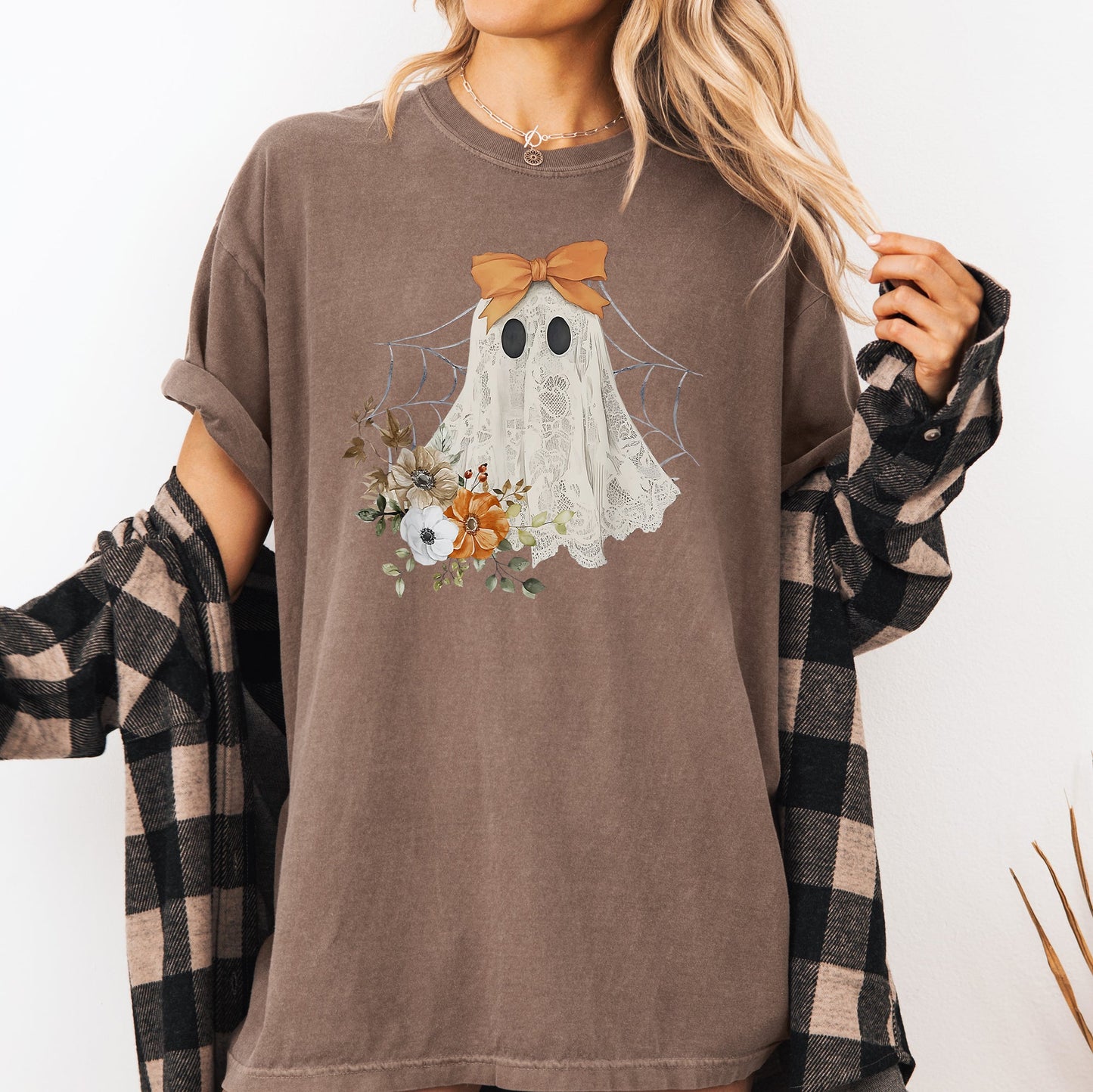 Lace Ghost, Halloween, Girly, Spooky Coquette, Lacey Ghost, Orange Bow, Ribbon, Flowers, Spider Web Tshirt Comfort Colors T-Shirt