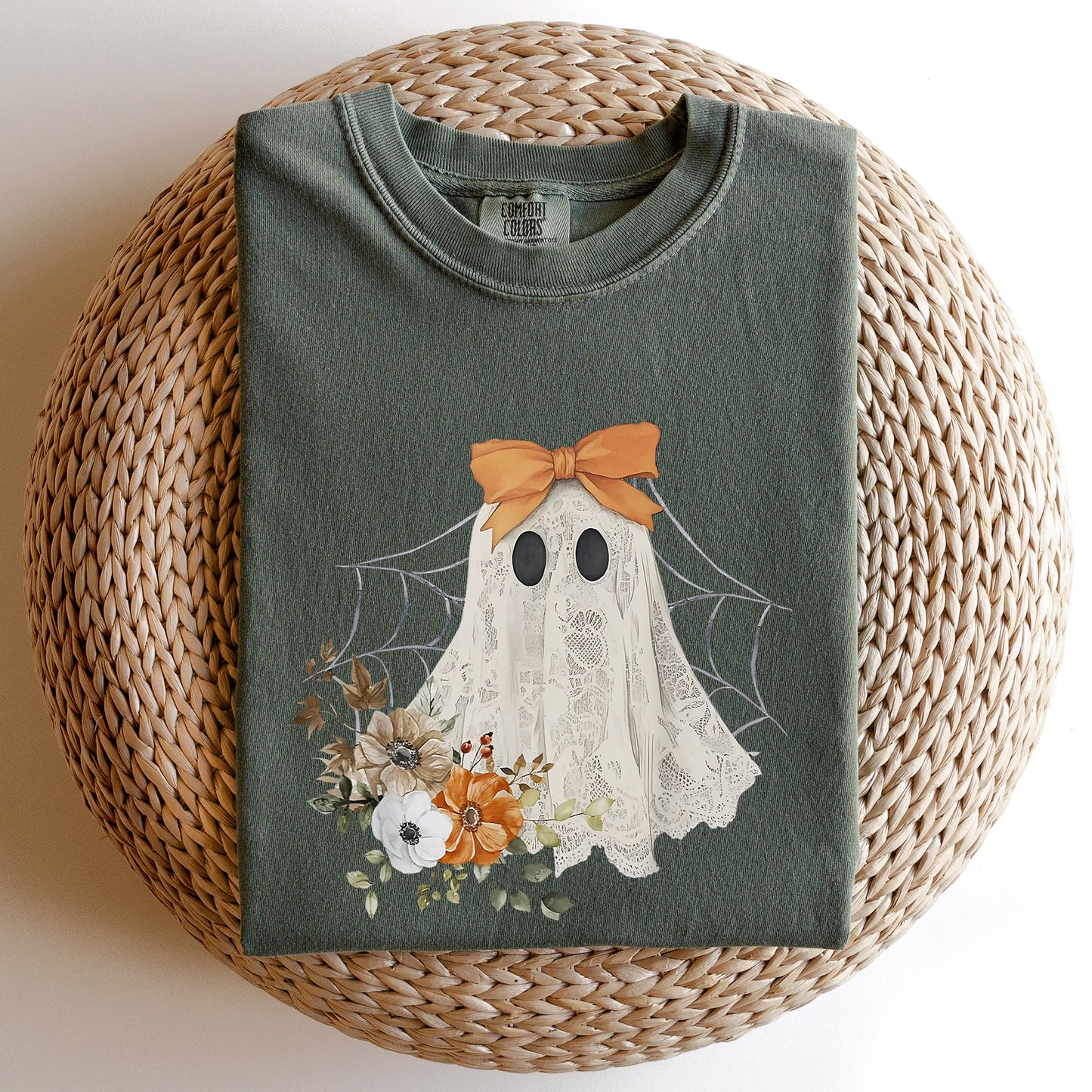 Lace Ghost, Halloween, Girly, Spooky Coquette, Lacey Ghost, Orange Bow, Ribbon, Flowers, Spider Web Tshirt Comfort Colors T-Shirt