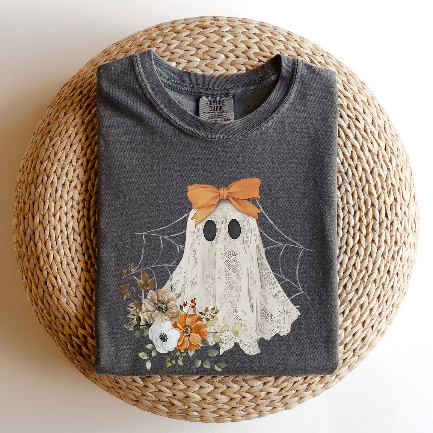 Lace Ghost, Halloween, Girly, Spooky Coquette, Lacey Ghost, Orange Bow, Ribbon, Flowers, Spider Web Tshirt Comfort Colors T-Shirt