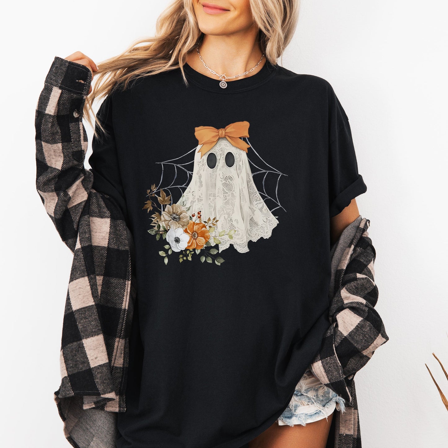 Lace Ghost, Halloween, Girly, Spooky Coquette, Lacey Ghost, Orange Bow, Ribbon, Flowers, Spider Web Tshirt Comfort Colors T-Shirt