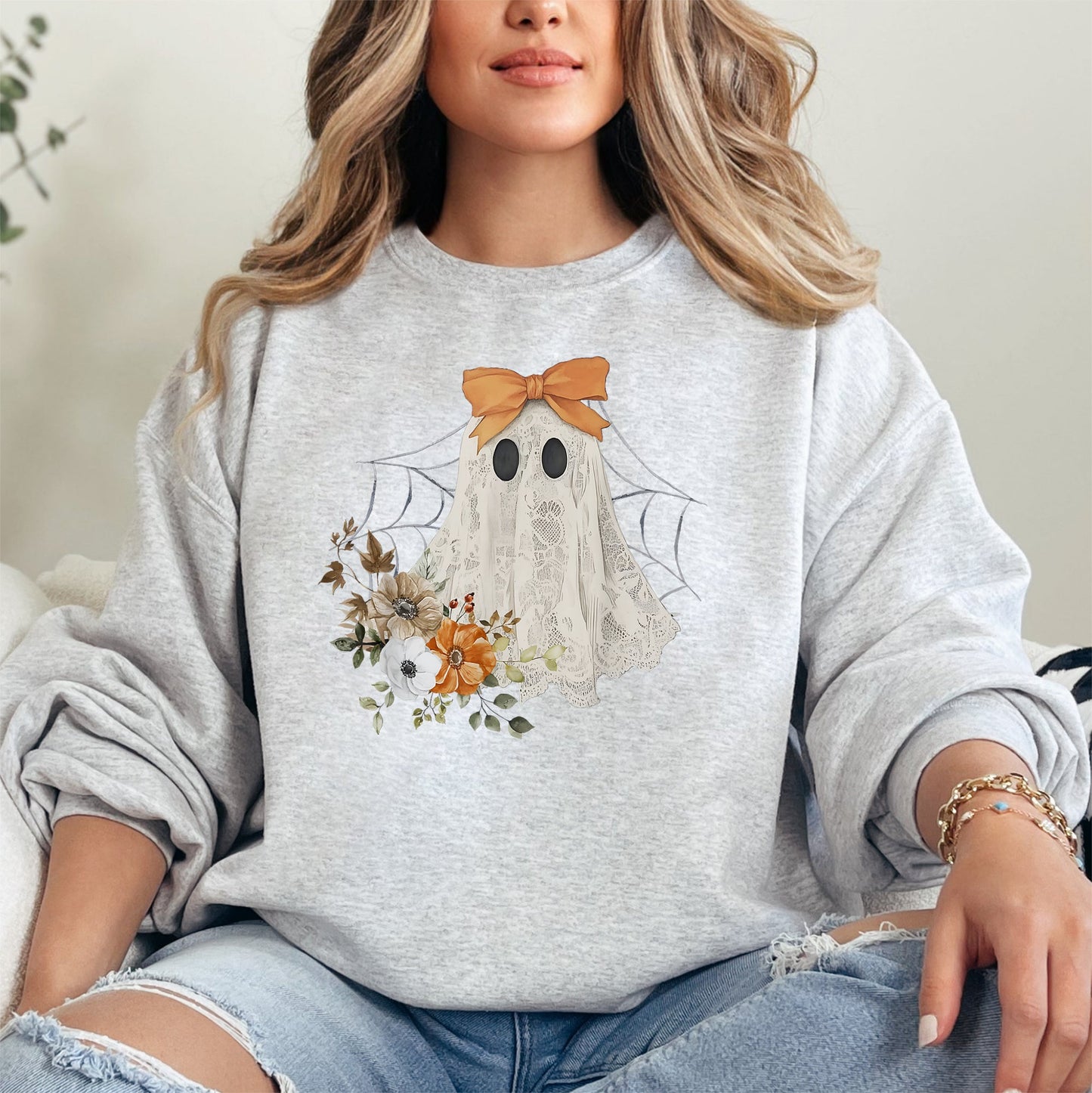 Lace Ghost, Halloween, Girly, Spooky Coquette, Lacey Ghost, Orange Bow, Ribbon, Flowers, Spider Web Sweatshirt