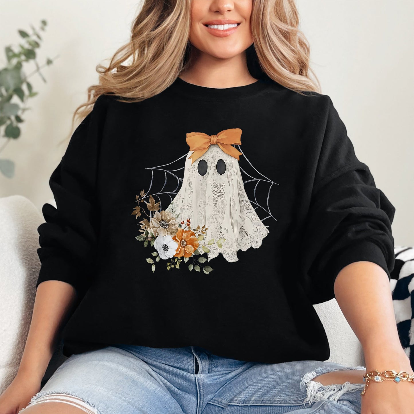 Lace Ghost, Halloween, Girly, Spooky Coquette, Lacey Ghost, Orange Bow, Ribbon, Flowers, Spider Web Sweatshirt
