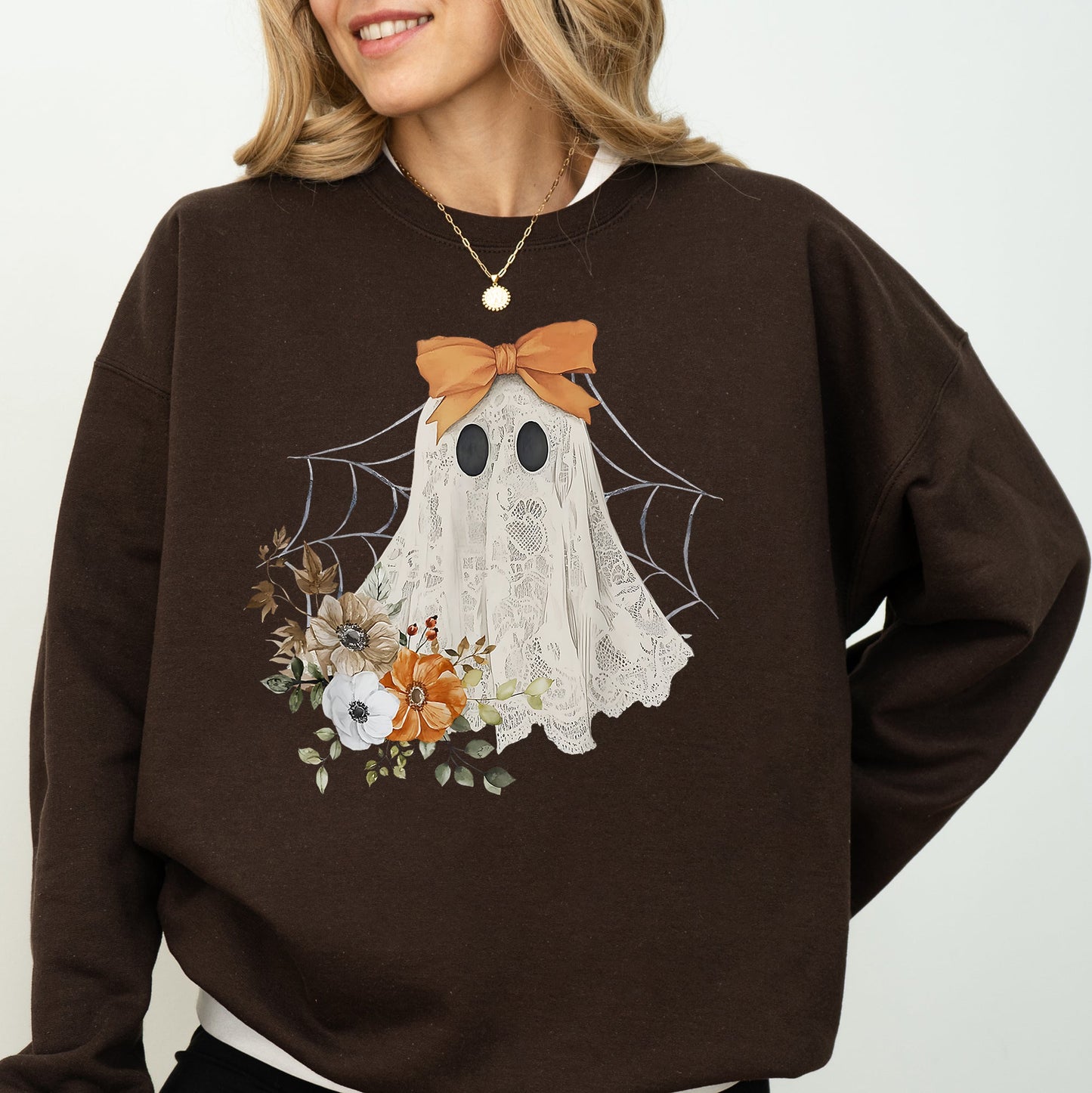 Lace Ghost, Halloween, Girly, Spooky Coquette, Lacey Ghost, Orange Bow, Ribbon, Flowers, Spider Web Sweatshirt