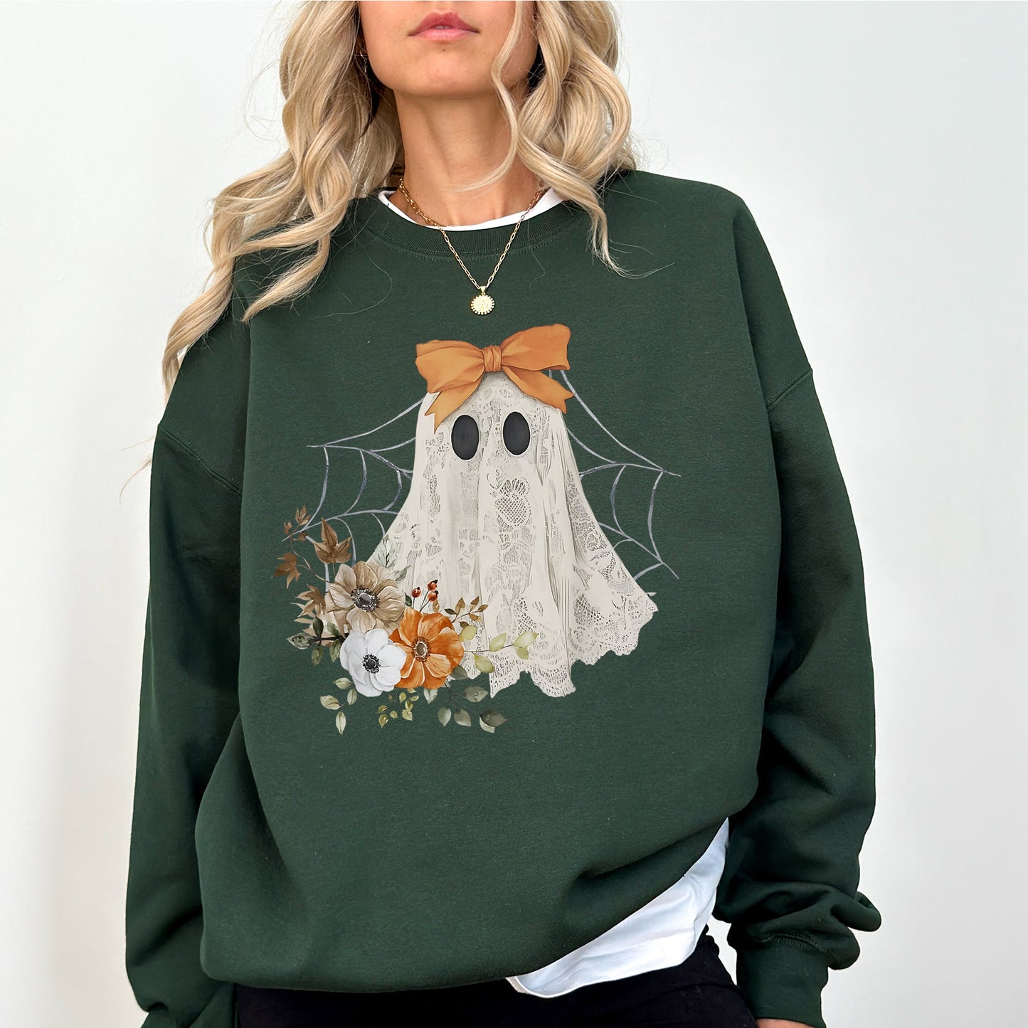 Lace Ghost, Halloween, Girly, Spooky Coquette, Lacey Ghost, Orange Bow, Ribbon, Flowers, Spider Web Sweatshirt