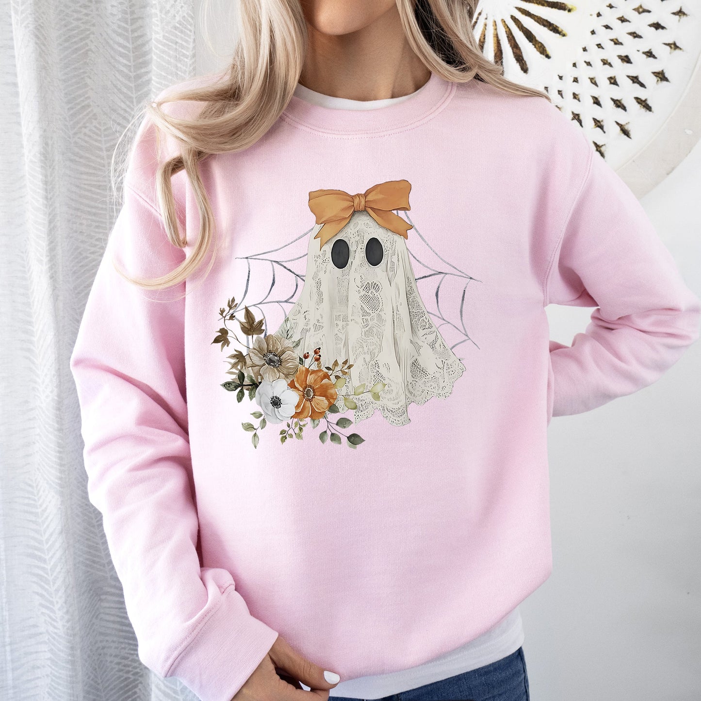 Lace Ghost, Halloween, Girly, Spooky Coquette, Lacey Ghost, Orange Bow, Ribbon, Flowers, Spider Web Sweatshirt