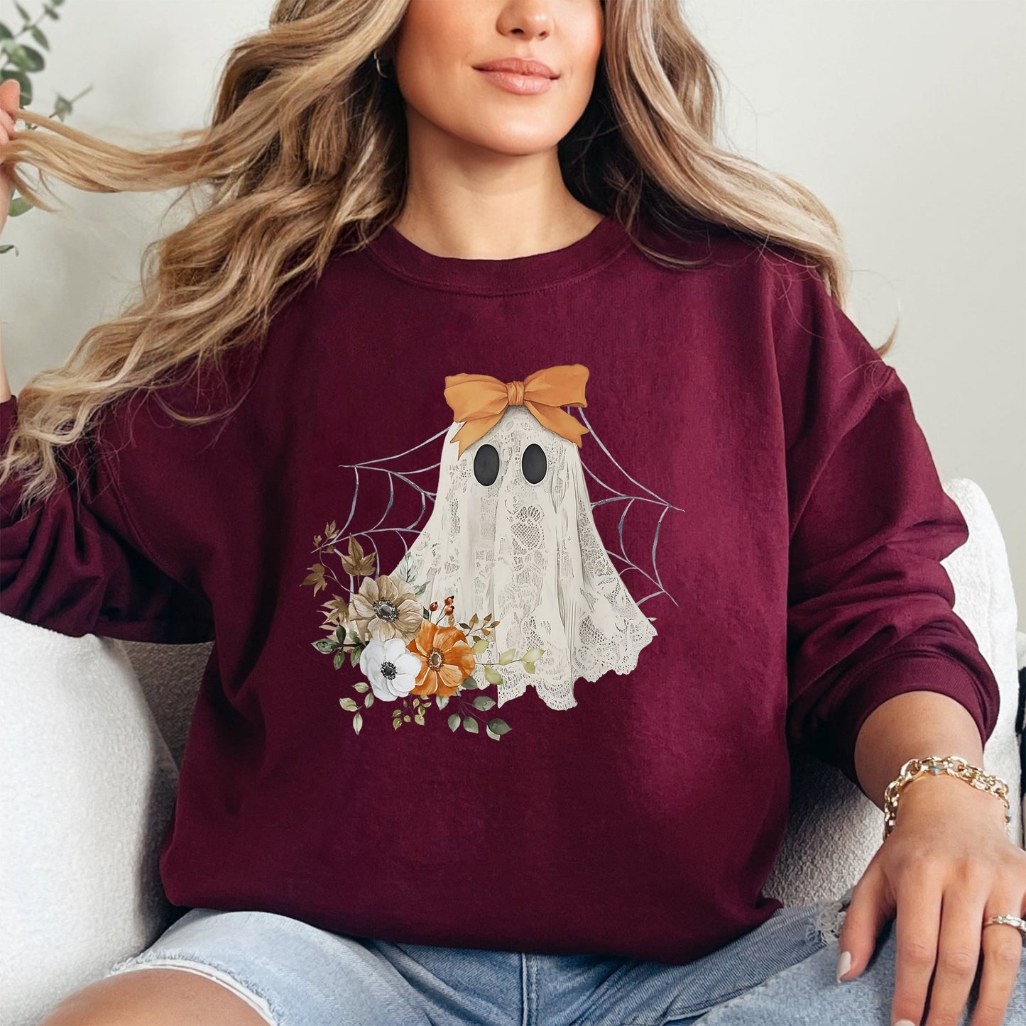 Lace Ghost, Halloween, Girly, Spooky Coquette, Lacey Ghost, Orange Bow, Ribbon, Flowers, Spider Web Sweatshirt