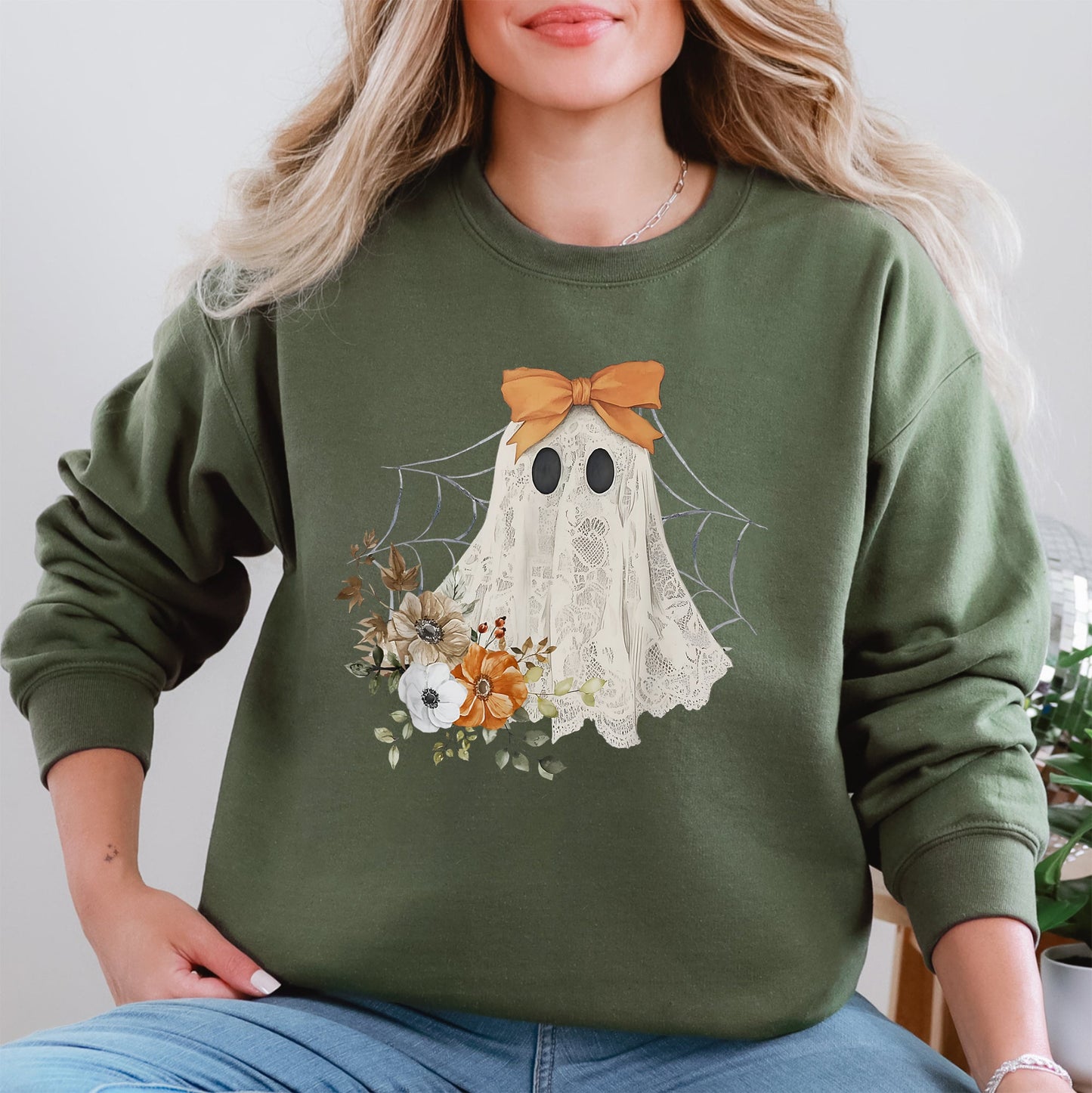 Lace Ghost, Halloween, Girly, Spooky Coquette, Lacey Ghost, Orange Bow, Ribbon, Flowers, Spider Web Sweatshirt