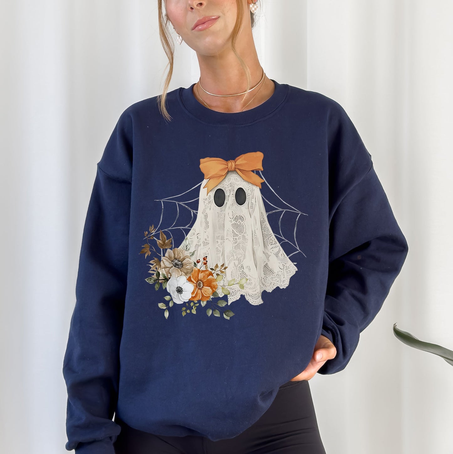 Lace Ghost, Halloween, Girly, Spooky Coquette, Lacey Ghost, Orange Bow, Ribbon, Flowers, Spider Web Sweatshirt