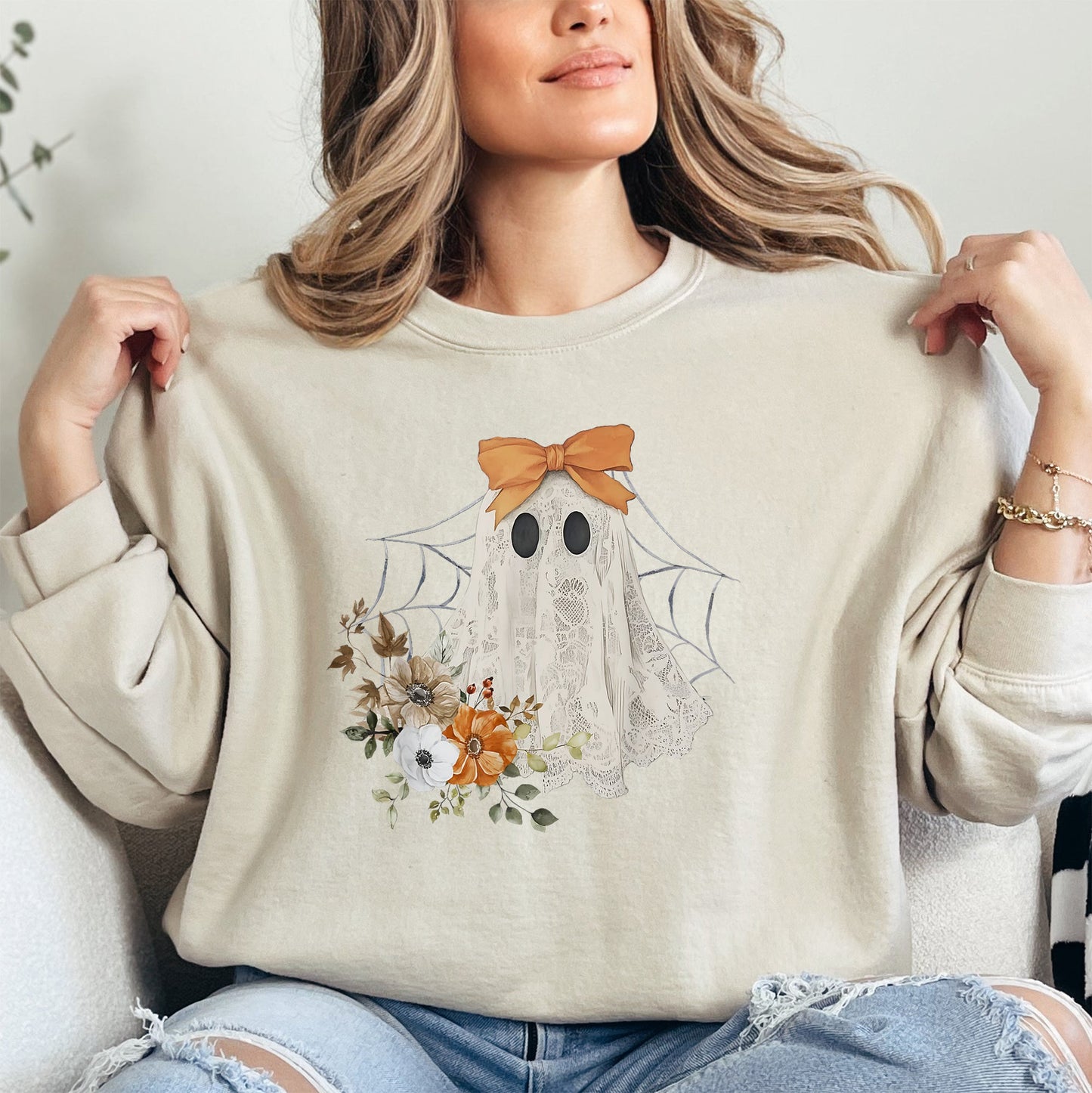 Lace Ghost, Halloween, Girly, Spooky Coquette, Lacey Ghost, Orange Bow, Ribbon, Flowers, Spider Web Sweatshirt