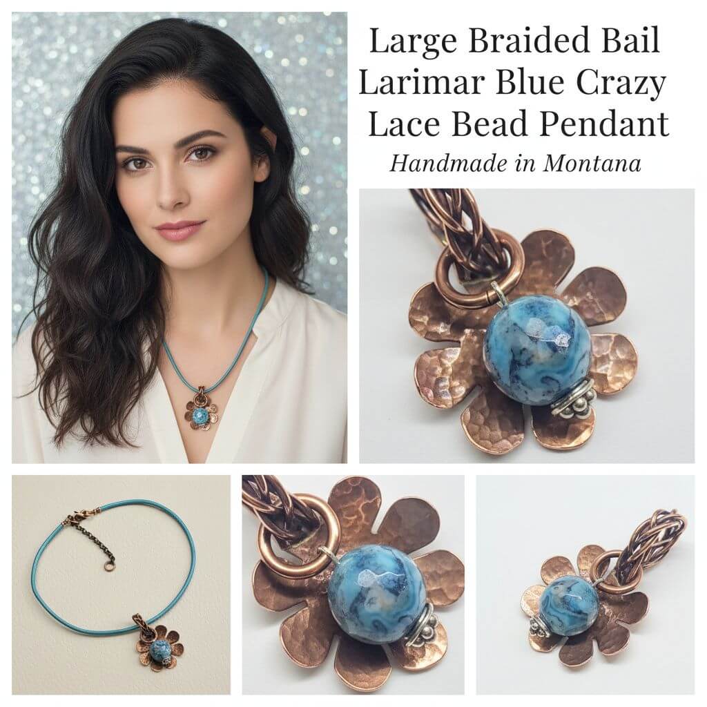 Larimar Blue Crazy Lace Large Braided Bail Bead Pendant Alexa Martha Designs