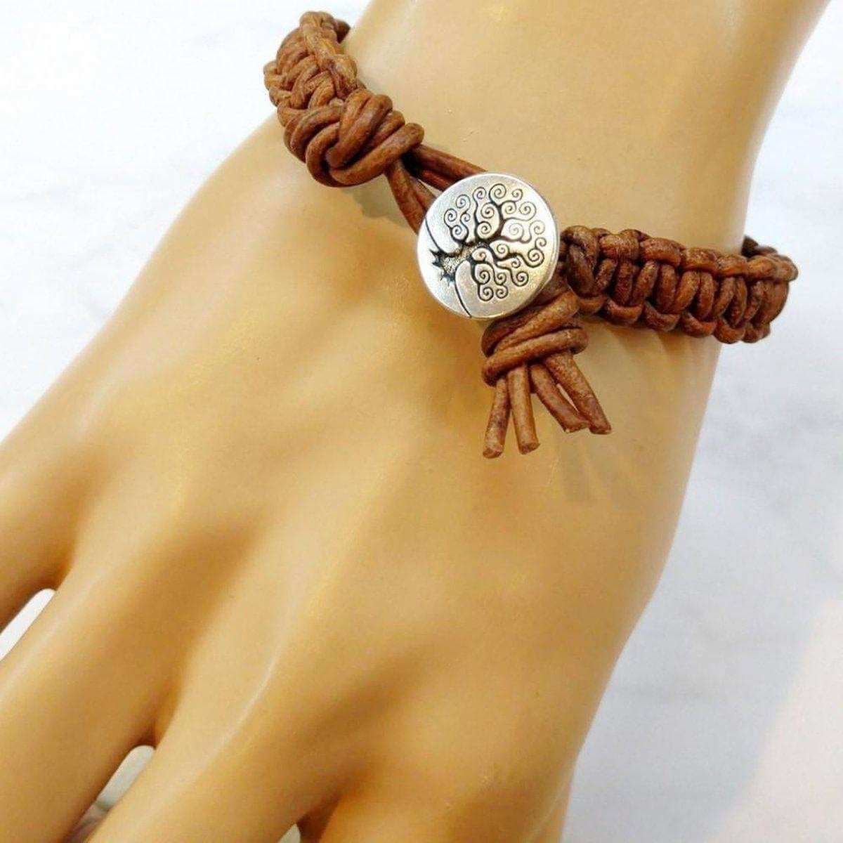 Large Earth Colored Macrame Leather Bracelet Tree of Life for Men