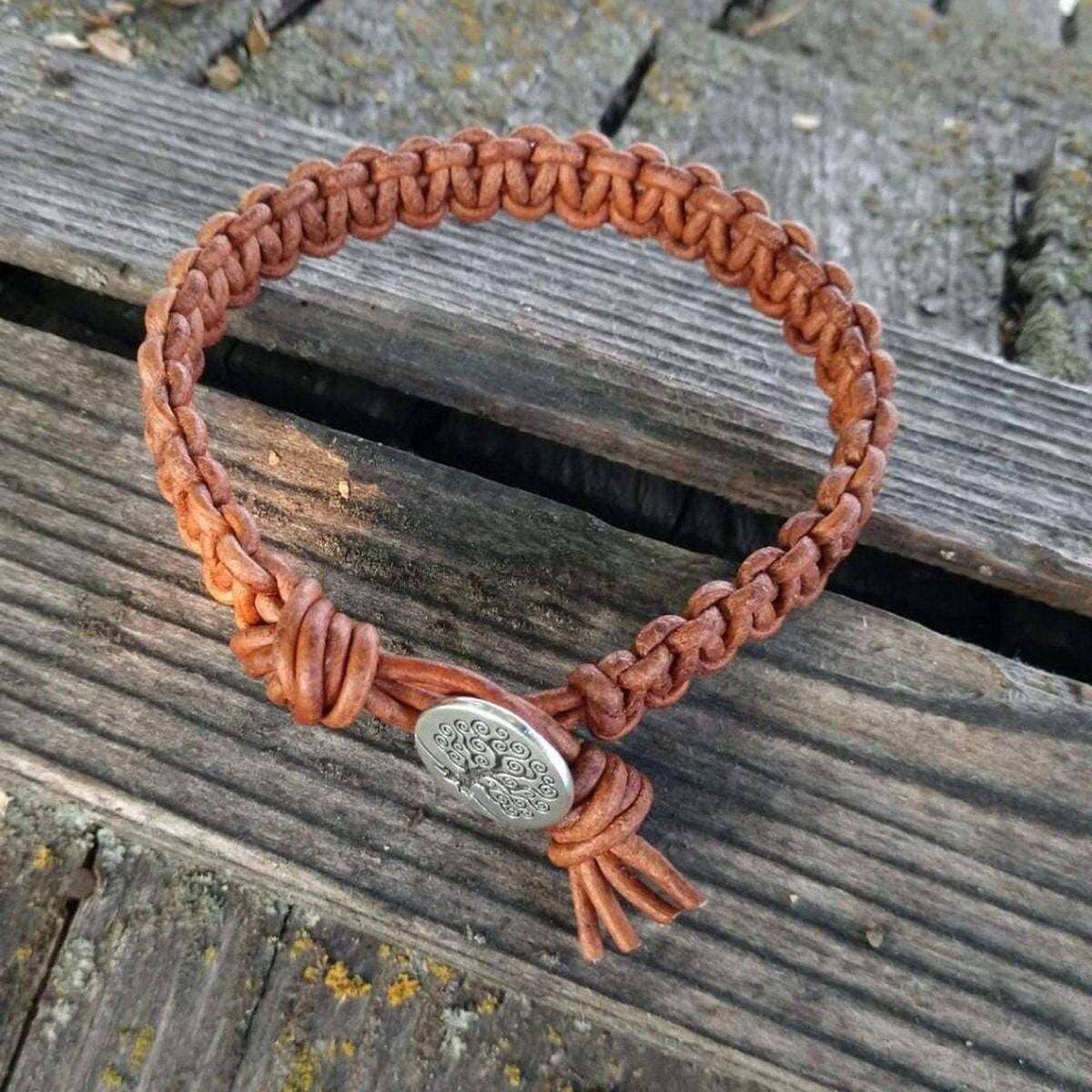 Large Earth Colored Macrame Leather Bracelet Tree of Life for Men
