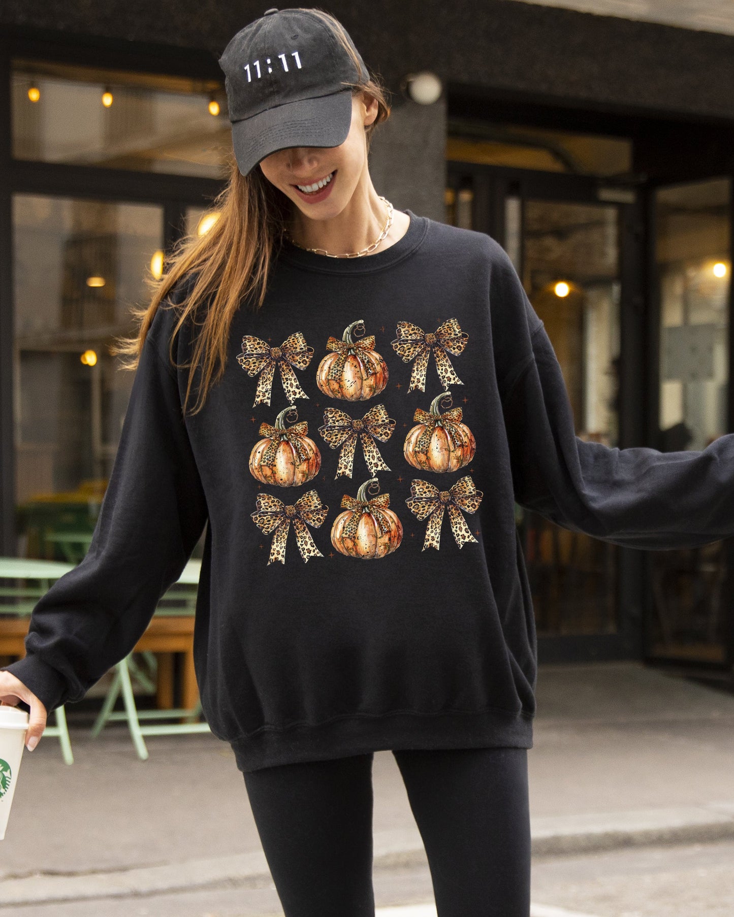 Leopard Print Pumpkins, Coquette Ribbons and Bows, Halloween, Autumn, Fall Sweatshirt